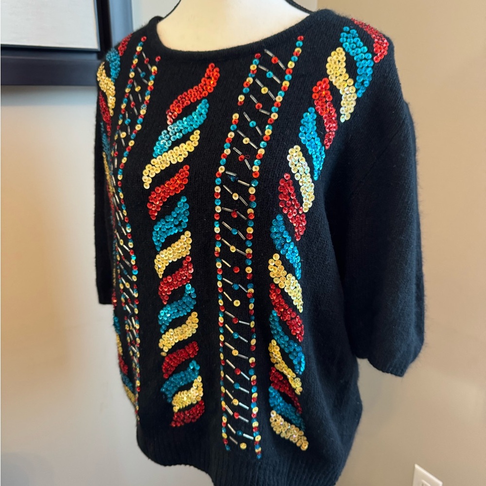 Diana Marco Vintage Sequin Sweater Black‎ Angora Beaded 80s Retro 20W Plus